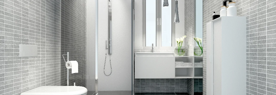 Modernes Badezimmer mit grauen Fliesen